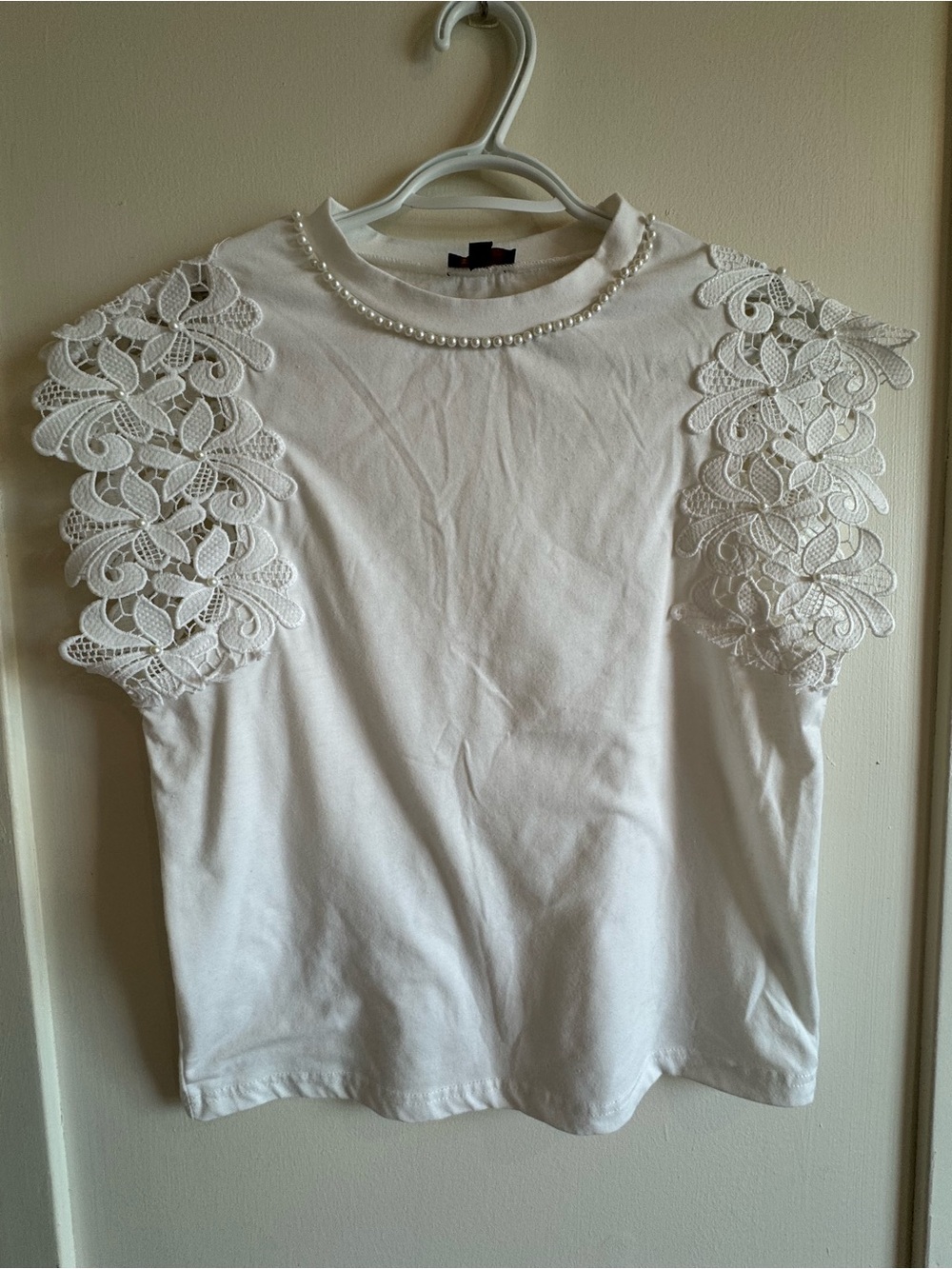 Women’s White Lace Sleeve Top with Pearl Trim